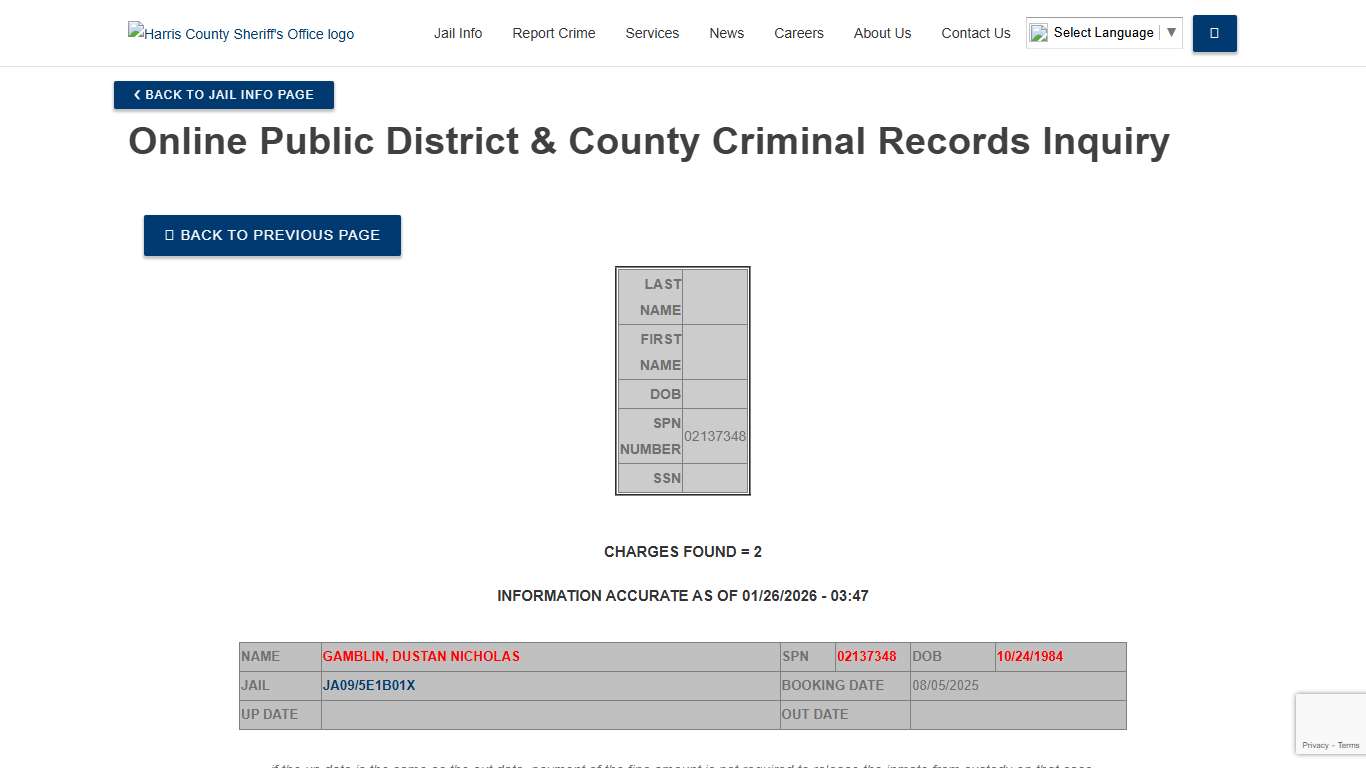 Online Public District & County Criminal Records Inquiry—Harris County Texas Sheriff's Office